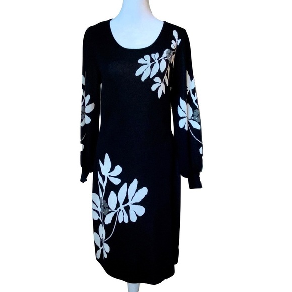 NINA LEONARD Floral Sweater Dress Black/White Long Sleeve Size Medium - Picture 1 of 9